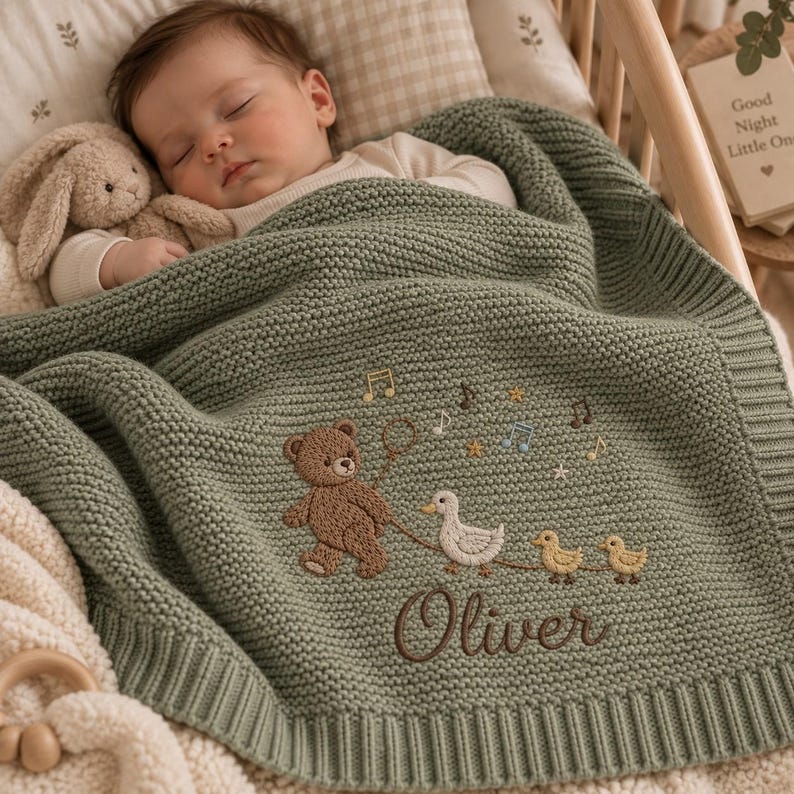 Personalized Teddy Bear Baby Blanket, Embroidered Name Blanket, Duck Baby Gift, Custom Newborn Gift