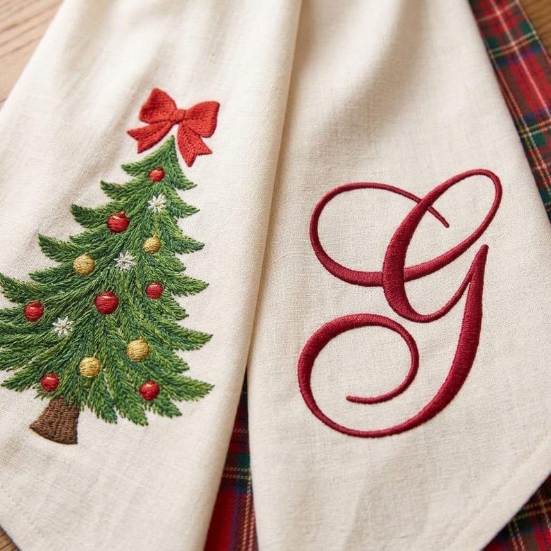 Monogram Christmas Wreath Sash, Embroidered Tree Tartan Plaid Holiday Door Decor, Custom Front Door Bow