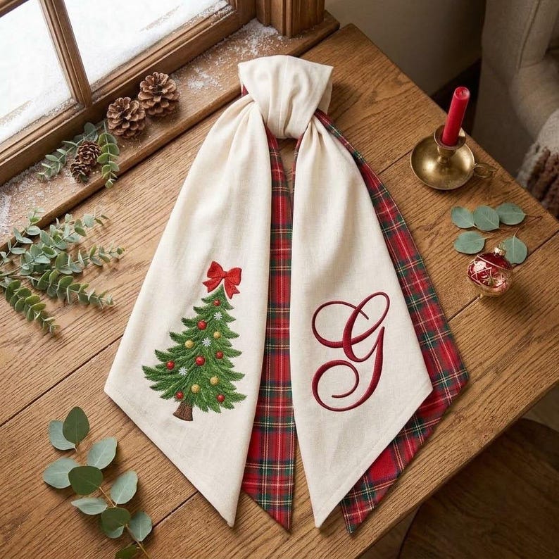 Monogram Christmas Wreath Sash, Embroidered Tree Tartan Plaid Holiday Door Decor, Custom Front Door Bow
