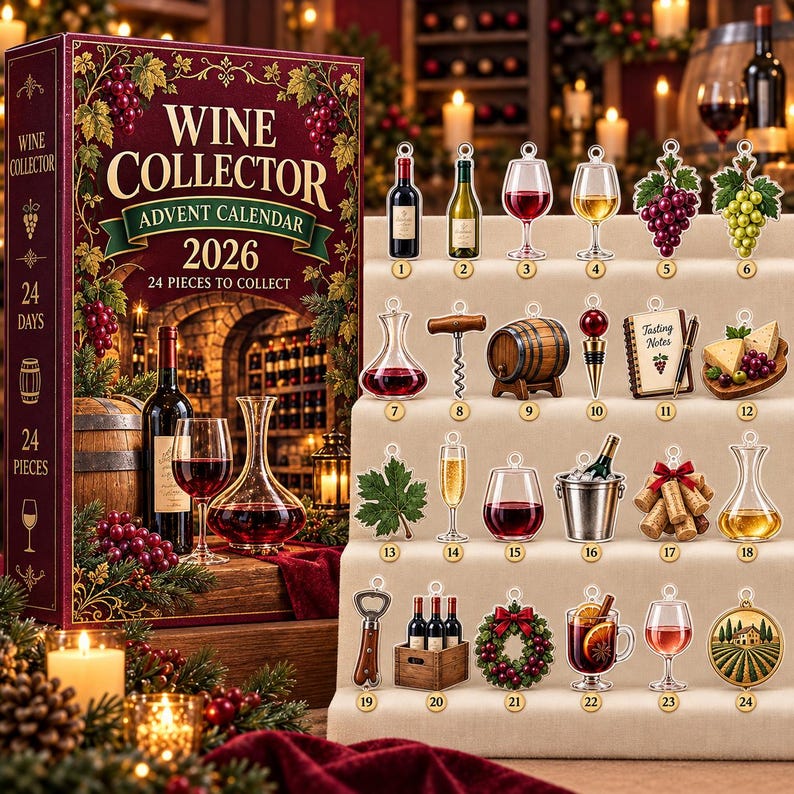Wine Collector Advent Calendar 2026, 24 Piece Wine Lover Countdown Gift, Holiday Bar Cart Decor