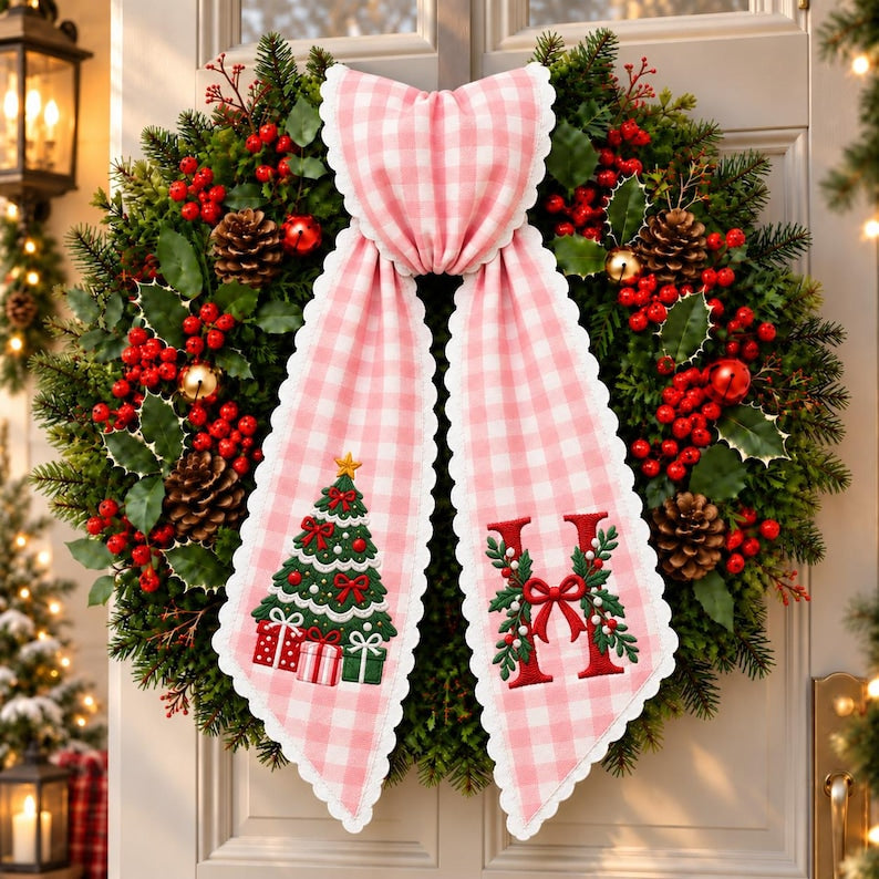 Personalized Christmas Wreath Sash, Embroidered Monogram Tree Bow Gift for Family Housewarming, Pink Gingham Porch Door Decor