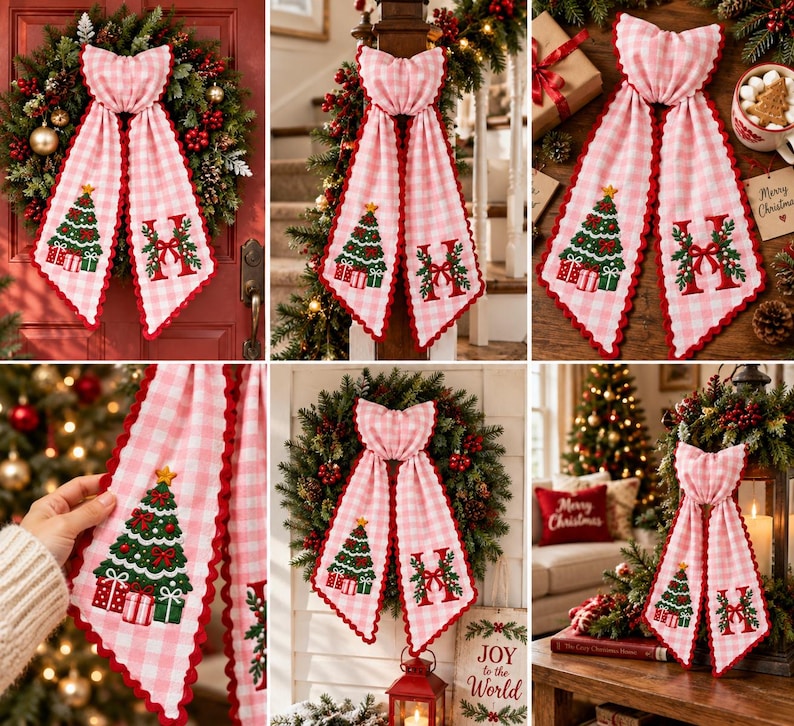 Personalized Christmas Wreath Sash, Embroidered Monogram Tree Bow Gift for Family Housewarming, Pink Gingham Porch Door Decor