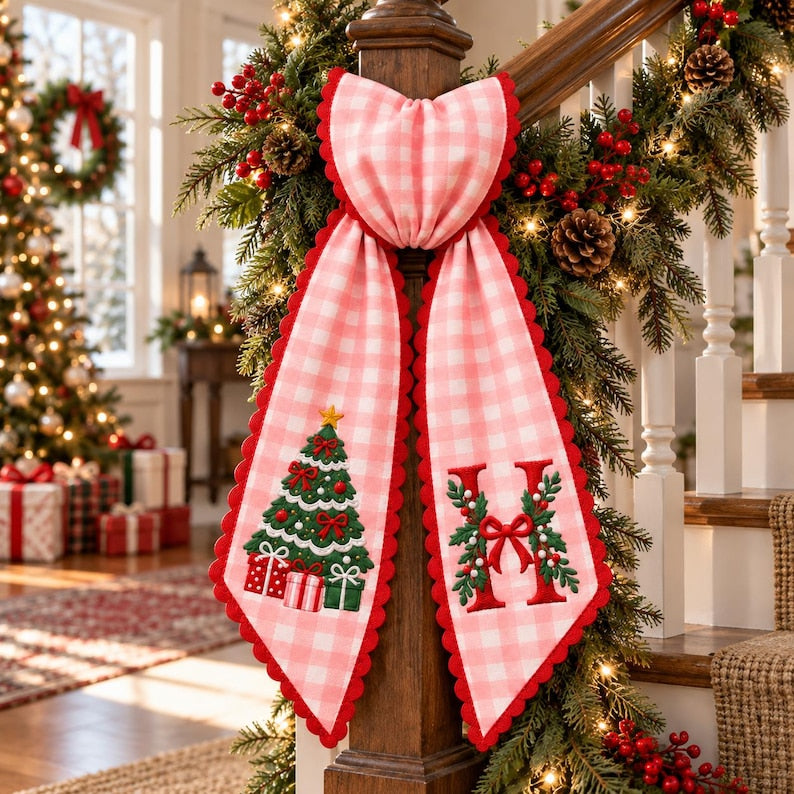 Personalized Christmas Wreath Sash, Embroidered Monogram Tree Bow Gift for Family Housewarming, Pink Gingham Porch Door Decor