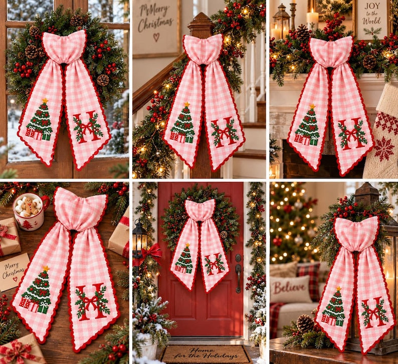 Personalized Christmas Wreath Sash, Embroidered Monogram Tree Bow Gift for Family Housewarming, Pink Gingham Porch Door Decor
