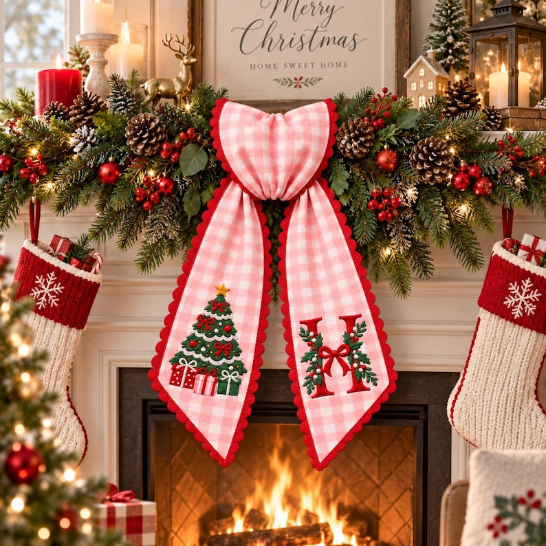 Personalized Christmas Wreath Sash, Embroidered Monogram Tree Bow Gift for Family Housewarming, Pink Gingham Porch Door Decor