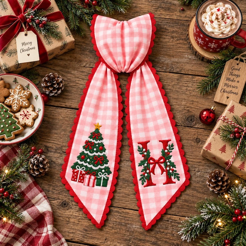 Personalized Christmas Wreath Sash, Embroidered Monogram Tree Bow Gift for Family Housewarming, Pink Gingham Porch Door Decor