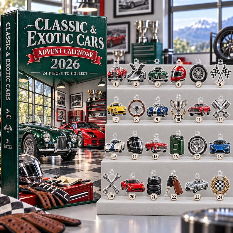 Classic Car Advent Calendar 2026, 24 Piece Car Enthusiast Countdown Gift, Sports Car Collector Holiday Decor