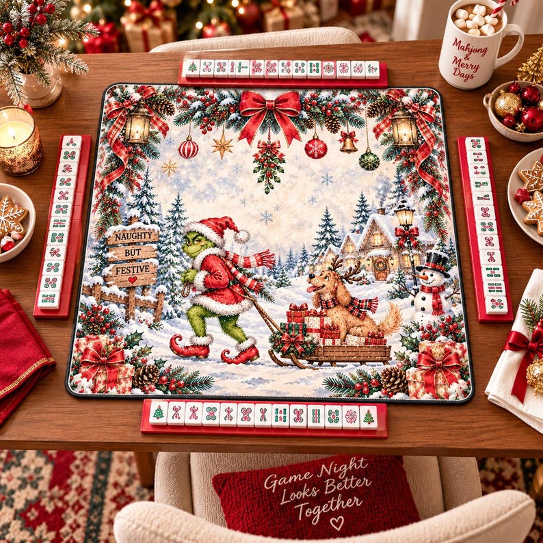 Festive Christmas Mahjong Mat, Holiday Table Mahjong, Winter Wonderland Board Game Accessories Gift