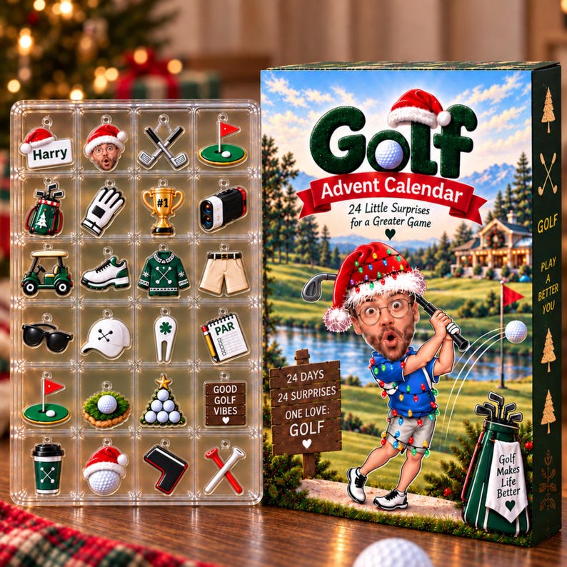Golf Advent Calendar, Personalized Christmas Gift for Golfer, Custom Name Photo Keychain
