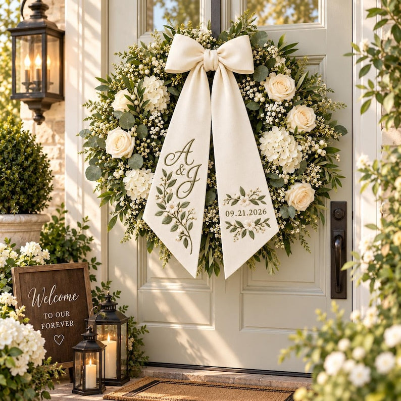 Personalized Embroidered Wreath Sash, Custom Monogram Wedding Door Bow, Wedding Wreath Decor