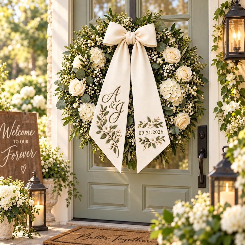 Personalized Embroidered Wreath Sash, Custom Monogram Wedding Door Bow, Wedding Wreath Decor