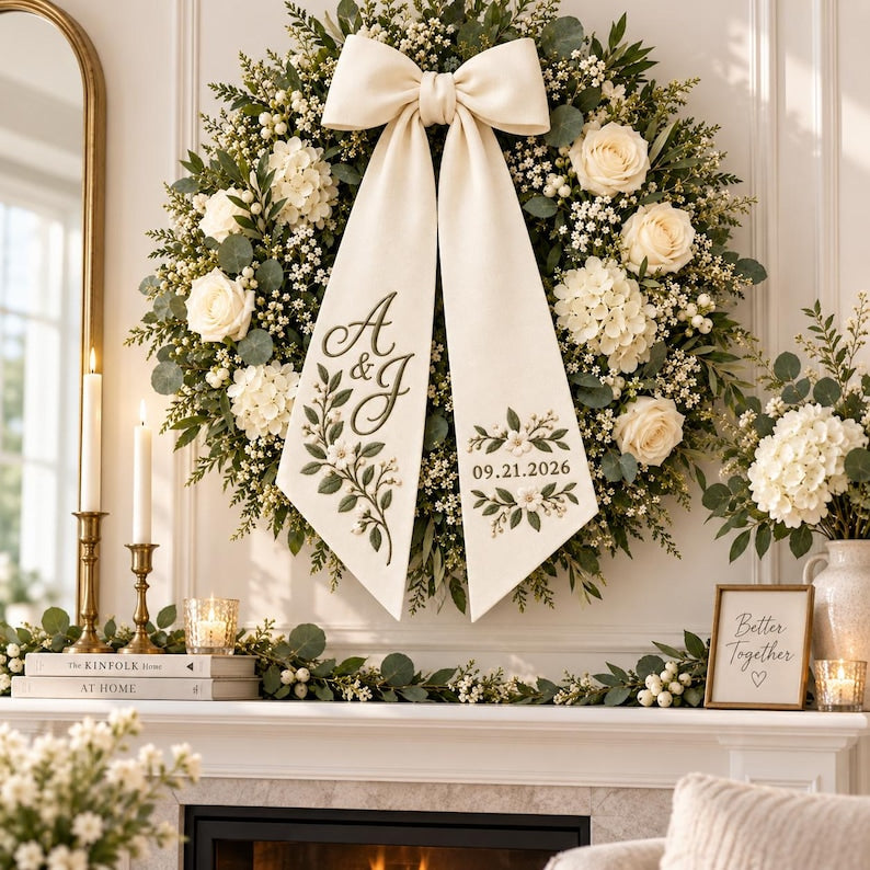 Personalized Embroidered Wreath Sash, Custom Monogram Wedding Door Bow, Wedding Wreath Decor