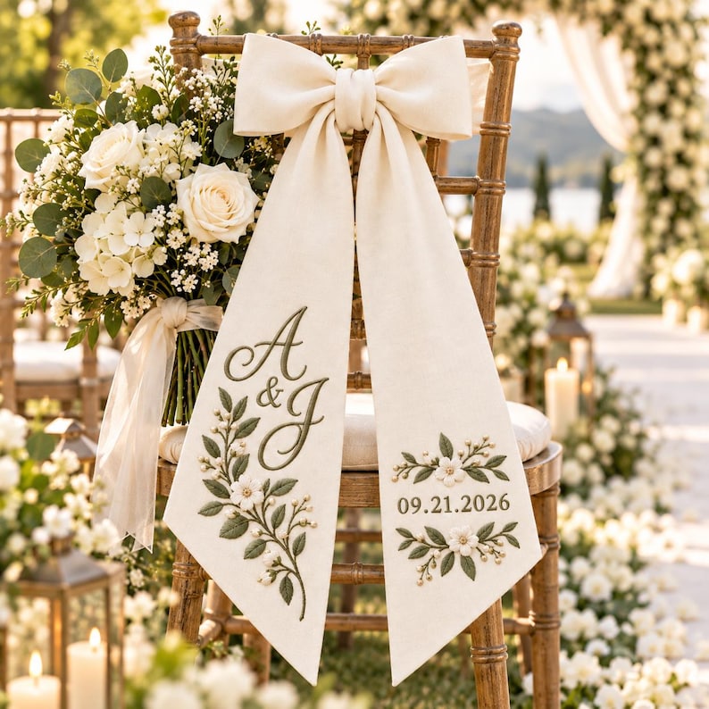 Personalized Embroidered Wreath Sash, Custom Monogram Wedding Door Bow, Wedding Wreath Decor