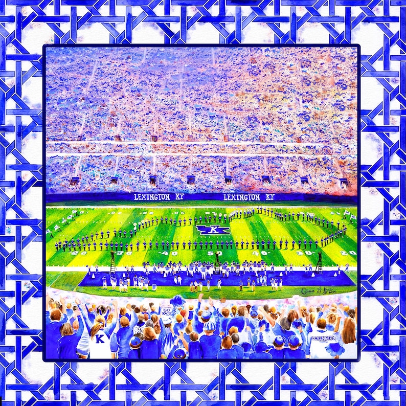 Blue & White Football Stadium Mahjong Mat, Watercolor Game Day Table Cover, American Mahjong Playmat