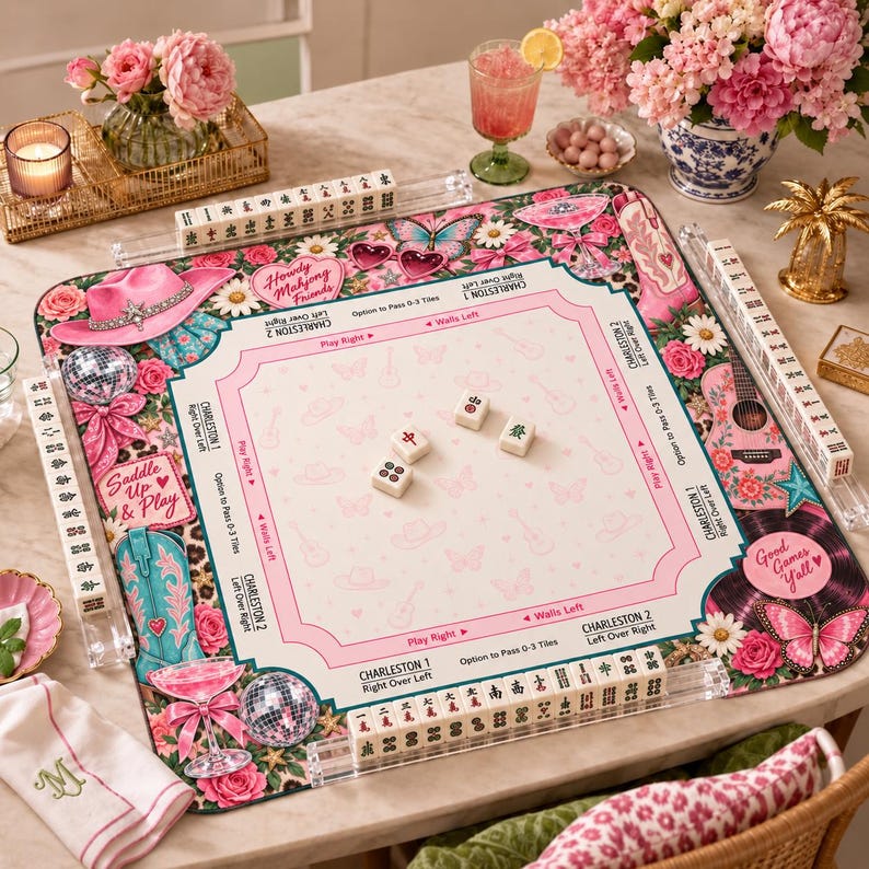D.P Pink Mahjong Mat, Country Glam Design, Fun Family Party Game, Unique Home Decor