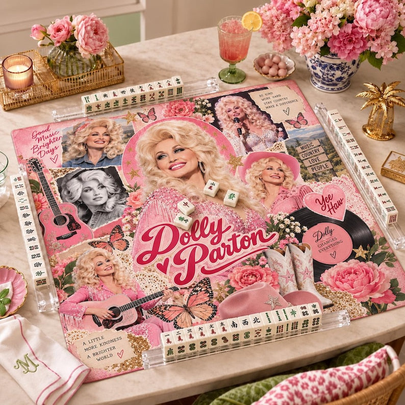 D.P Mahjong Mat, Queen Of Country Mahjong, Sparkling Pink Guitar Decor, Unique Table Playmat Gift, Iconic Music