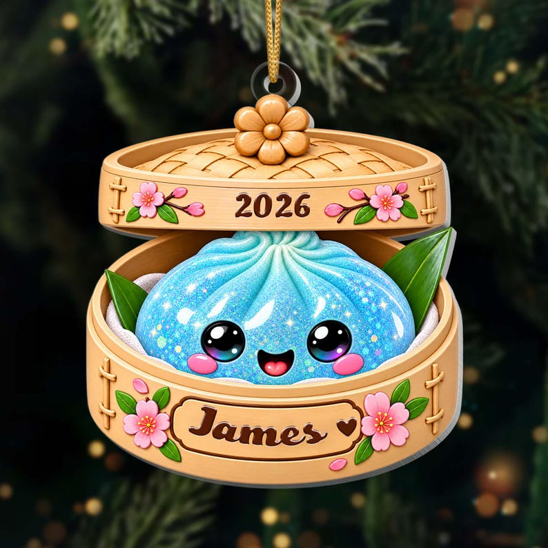 Personalized Glitter Dumpling Ornament, Bamboo Steamer, 2026 Xmas Keepsake