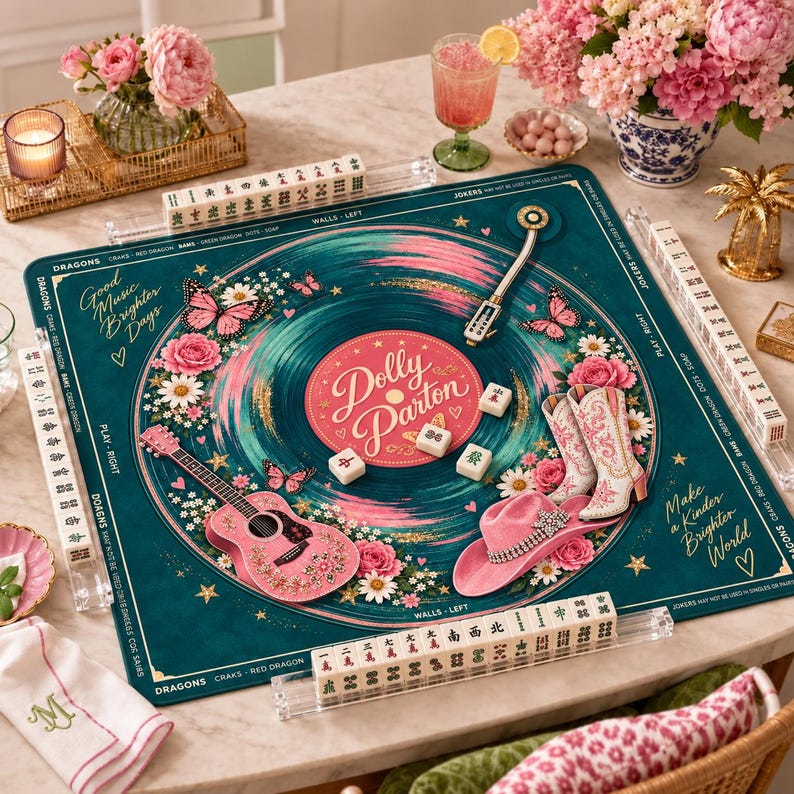 D.P Mahjong Mat, Country Music Game Night, Unique Mahjong Gift, Vibrant Record Player Design