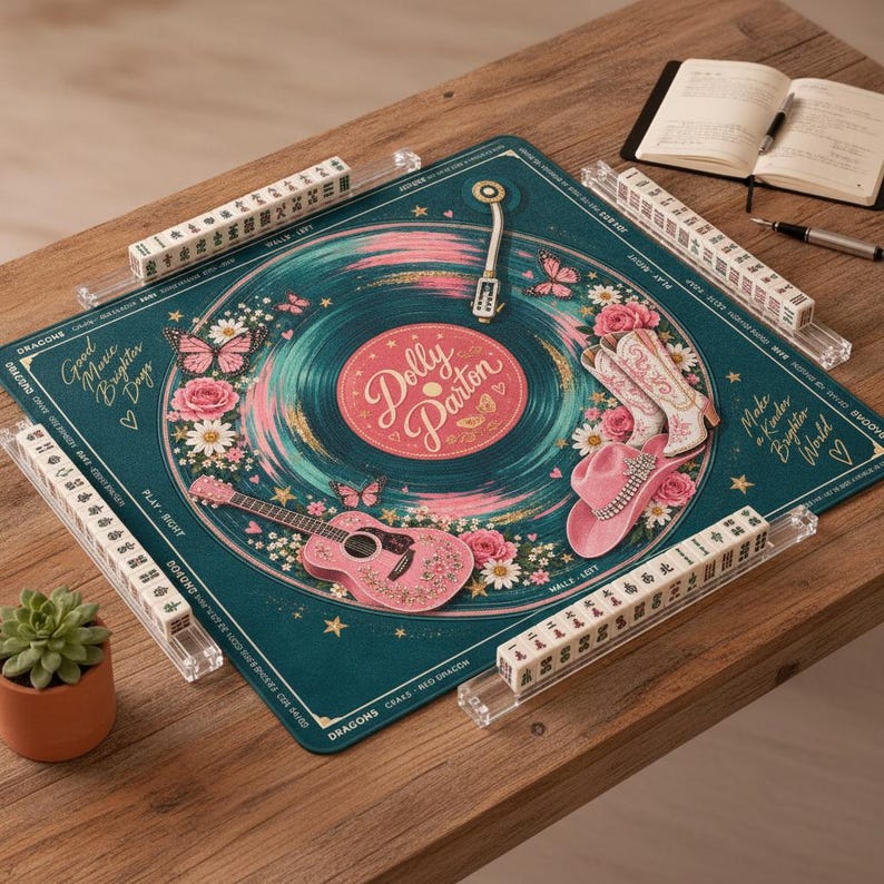 D.P Mahjong Mat, Country Music Game Night, Unique Mahjong Gift, Vibrant Record Player Design
