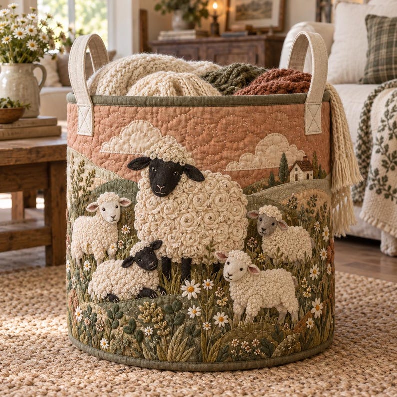 Fluffy Sheep Quilted Laundry Basket, Farmhouse Storage Hamper