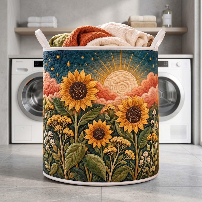 Sunrise Sunflower Quilted Laundry Basket, Vibrant Floral Fabric Hamper, Floral Lover Gift