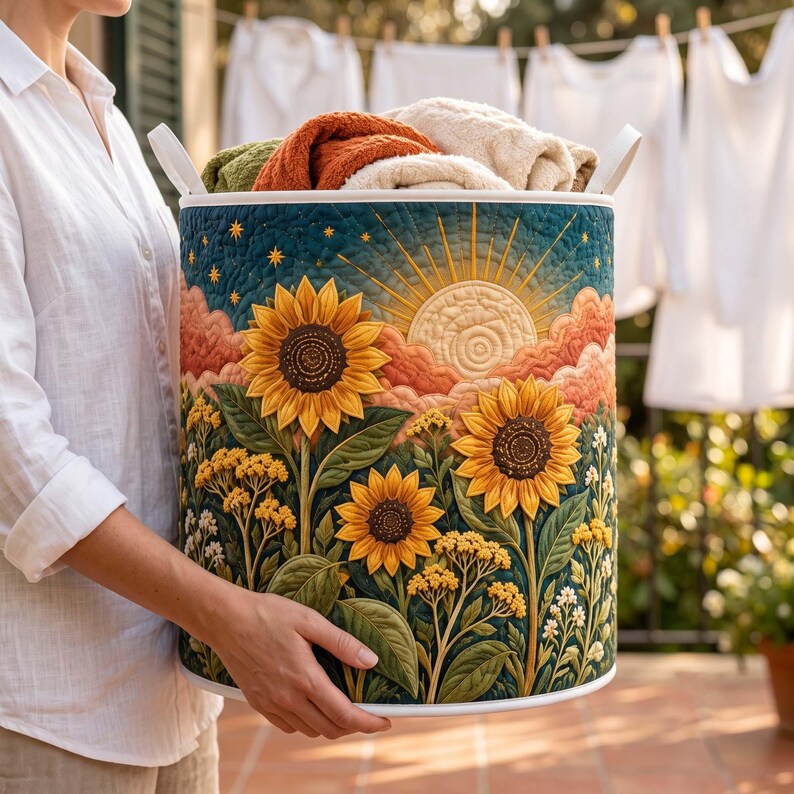 Sunrise Sunflower Quilted Laundry Basket, Vibrant Floral Fabric Hamper, Floral Lover Gift