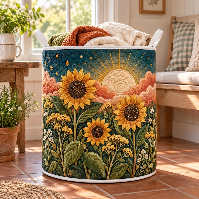 Sunrise Sunflower Quilted Laundry Basket, Vibrant Floral Fabric Hamper, Floral Lover Gift