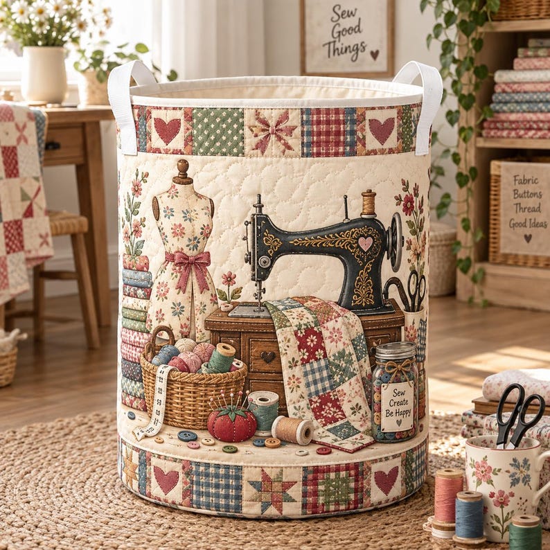 Quilted Vintage Sewing Notions Storage Basket, Craft Room Laundry Bin