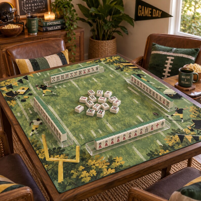 Football Mahjong Mat, American Mahjong Mat, Game Day Tailgate Decor, Black and Gold Sports Gift