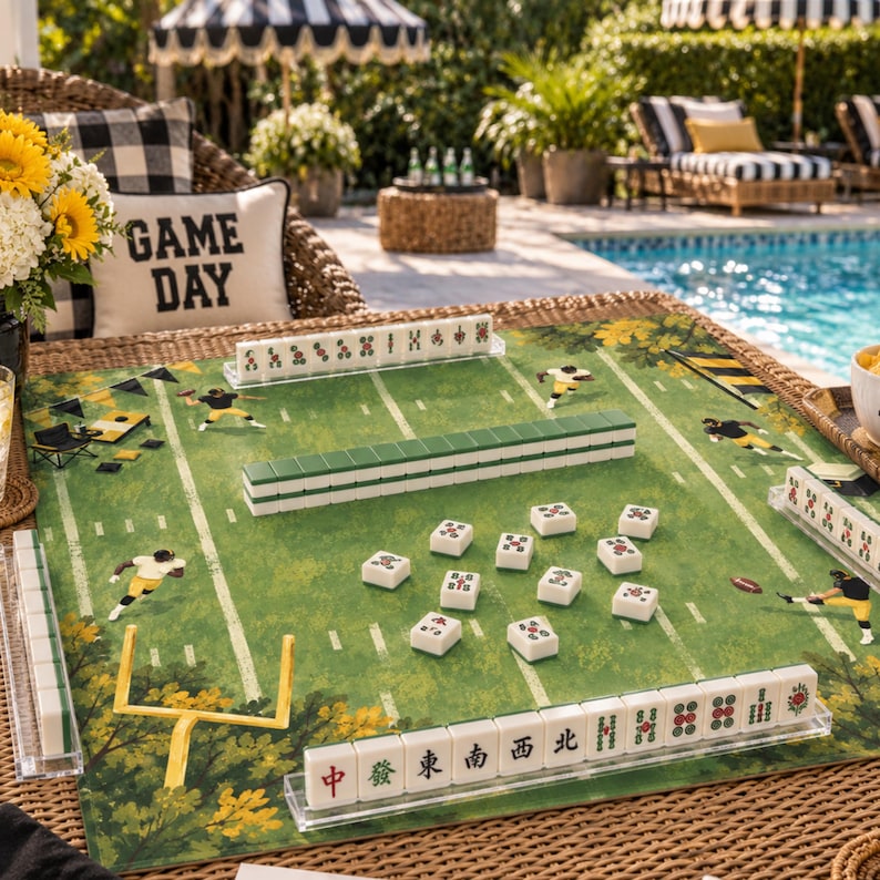 Football Mahjong Mat, American Mahjong Mat, Game Day Tailgate Decor, Black and Gold Sports Gift