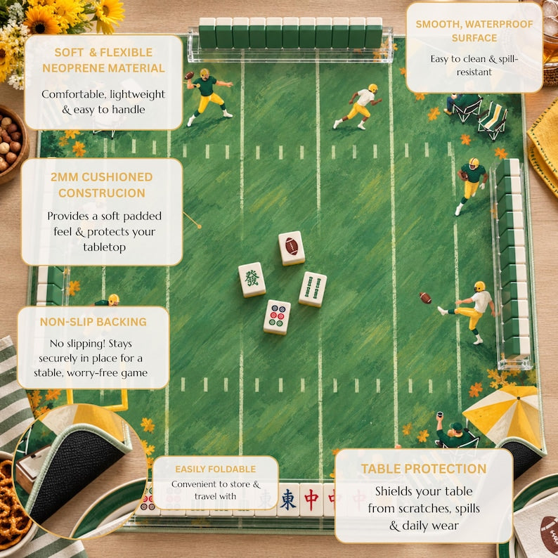 Fall Football Mahjong Mat, American Mahjong Mat, Green Gold Game Day Tailgate Decor, Autumn Sports Mahjong Gift