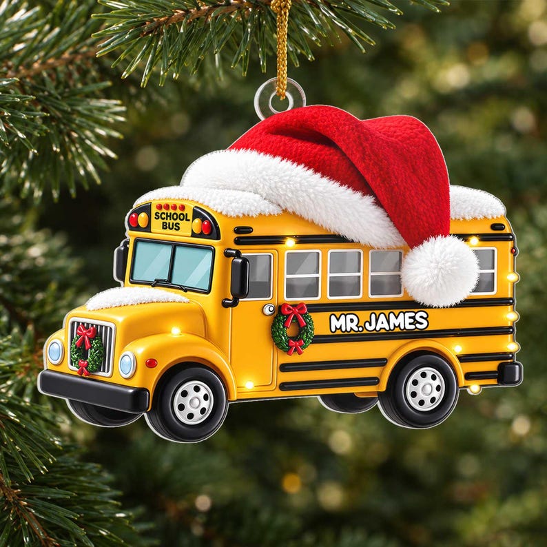 School Bus With Santa Hat, Personalized 2D Flat School Bus Christmas Ornament, Custom Name Bus Driver Gift