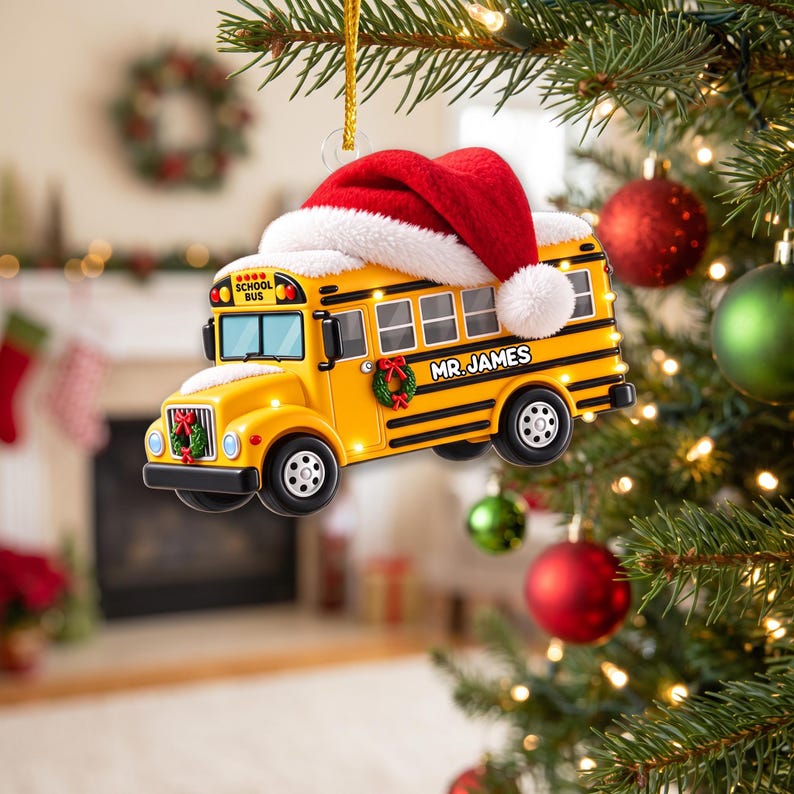 School Bus With Santa Hat, Personalized 2D Flat School Bus Christmas Ornament, Custom Name Bus Driver Gift