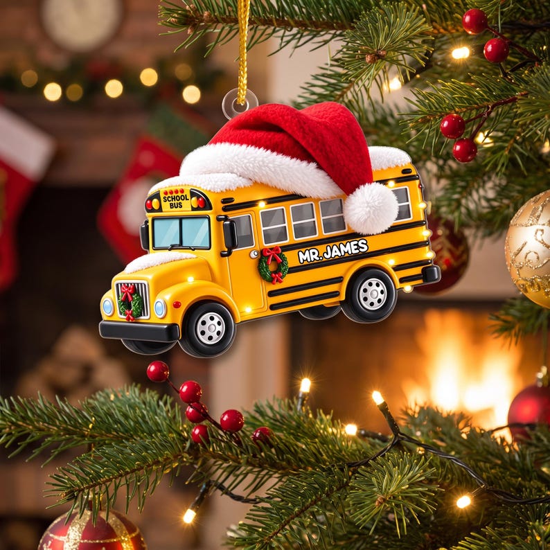 School Bus With Santa Hat, Personalized 2D Flat School Bus Christmas Ornament, Custom Name Bus Driver Gift
