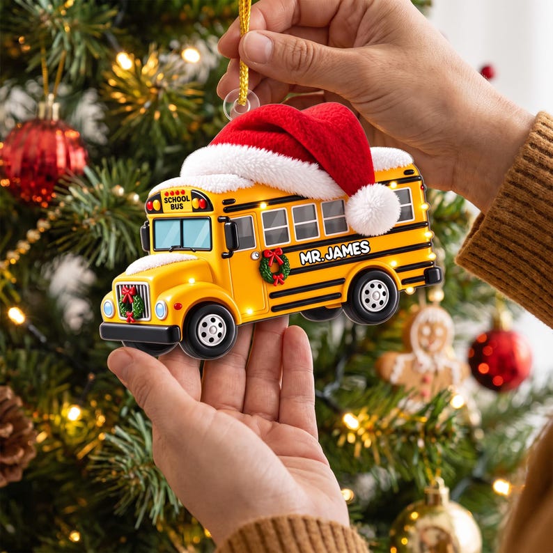 School Bus With Santa Hat, Personalized 2D Flat School Bus Christmas Ornament, Custom Name Bus Driver Gift