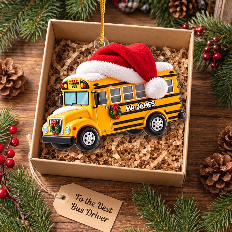 School Bus With Santa Hat, Personalized 2D Flat School Bus Christmas Ornament, Custom Name Bus Driver Gift