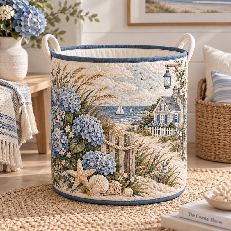 Coastal Hydrangea Quilt Hamper, Beach House Storage Basket, Blue Floral Laundry Hamper, Quilted Coastal Decor