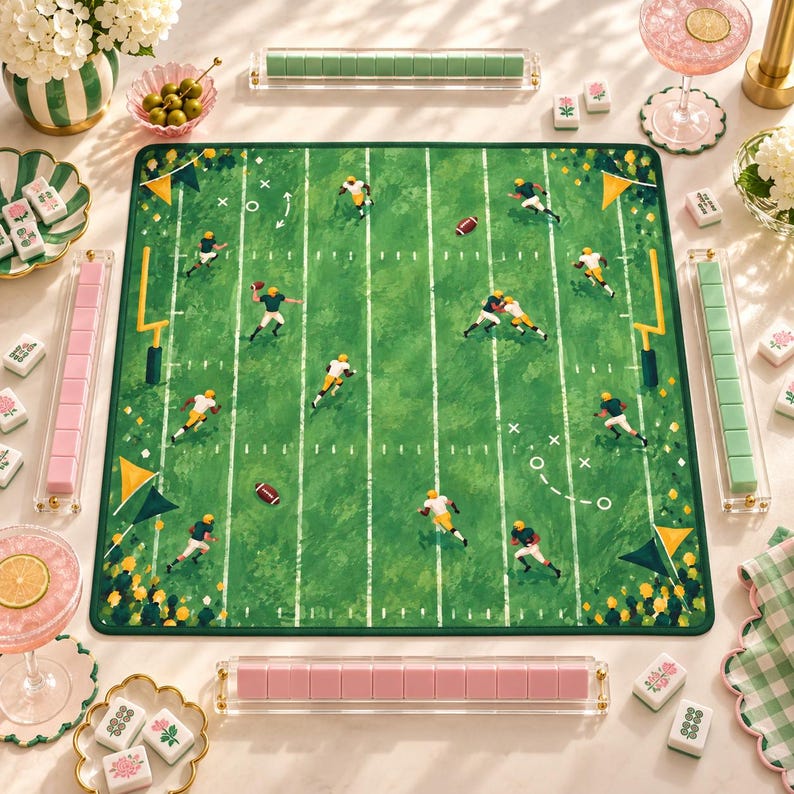 Gridiron Glory Football Mahjong Mat, Green Gold Game Day Mat, Sports Fan American Mahjong Table Cover