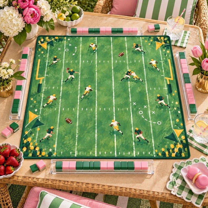 Gridiron Glory Football Mahjong Mat, Green Gold Game Day Mat, Sports Fan American Mahjong Table Cover