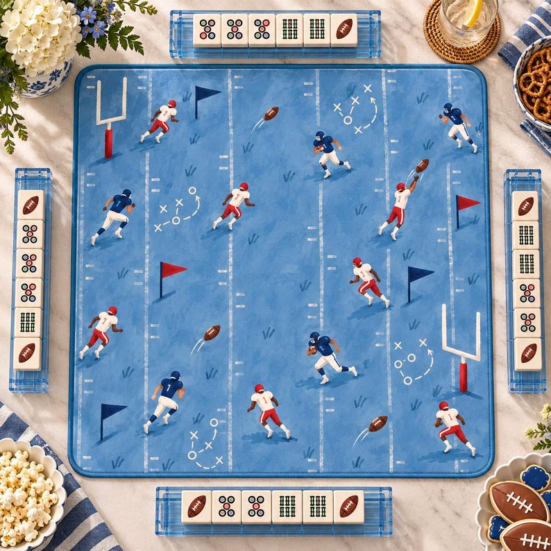 The Blue Huddle Football Mahjong Mat, Blue & Red Game Day Mat, American Mahjong Table Cover for Sports Fans