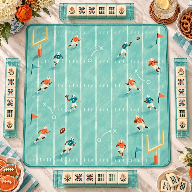 Tides & Touchdowns Football Mahjong Mat, Teal Orange Game Day Mat, American Mahjong Table Cover