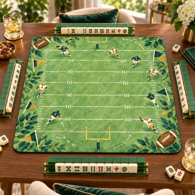 The Gridiron Garden Football Field Mahjong Mat, Leafy Botanical Game Day Table Cover, American Mahjong Playmat