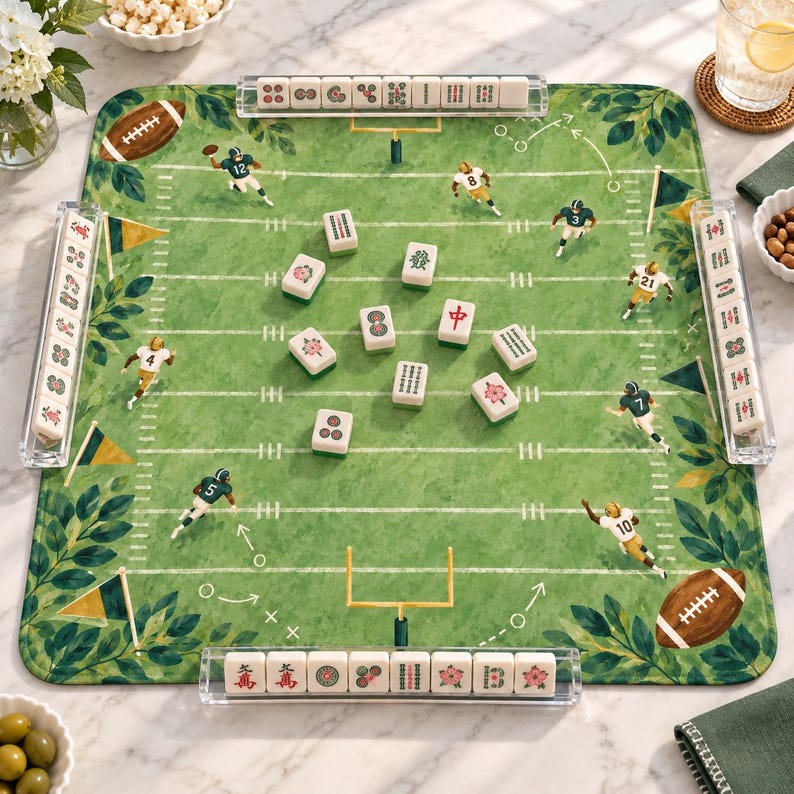 The Gridiron Garden Football Field Mahjong Mat, Leafy Botanical Game Day Table Cover, American Mahjong Playmat