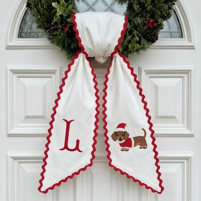 Personalized Christmas Wreath Sash, Monogram Dachshund Dog Embroidered Wreath Bow, Red Stripe Holiday Door Decor