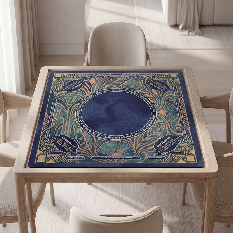 Personalized Mahjong Mat, Dark Blue Art Deco, Gold Geometric Fans, Non-Slip