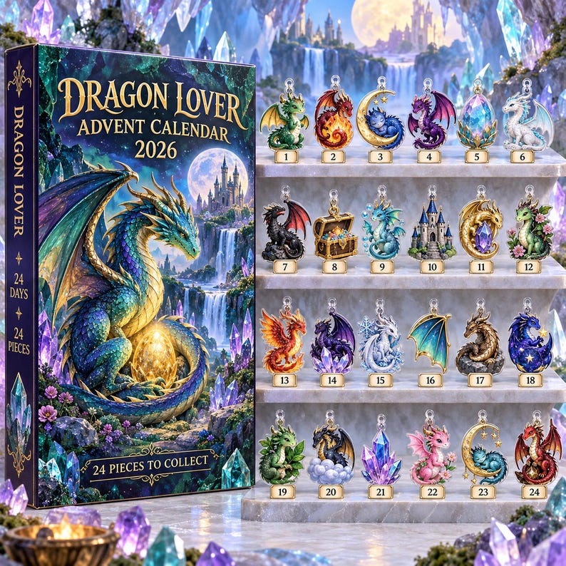 Dragon Lover Advent Calendar 2026, 24 Acrylic Hanging Tokens, Fantasy Countdown Gift, Dragon Decor