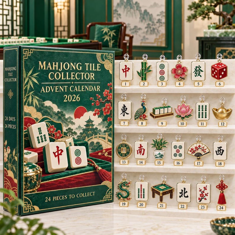 Mahjong Tile Collector Advent Calendar 2026, 24 Acrylic Hanging Tokens, Tile Game Lover Gift