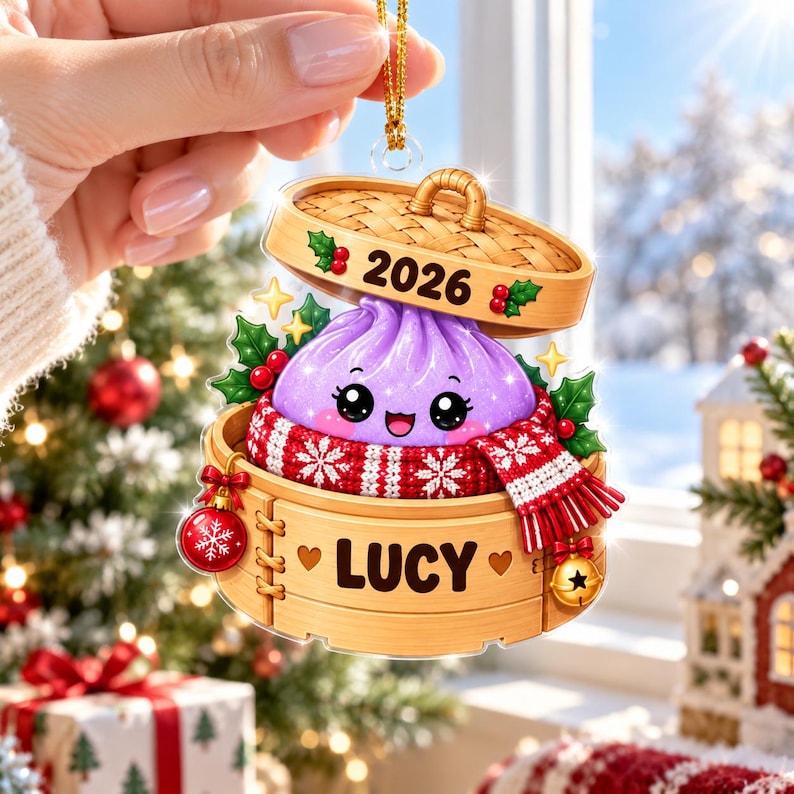 Personalized Glitter Dumpling Acrylic Ornament, Custom Name Steamer Basket Keepsake, Cute Food Xmas Tree Decor