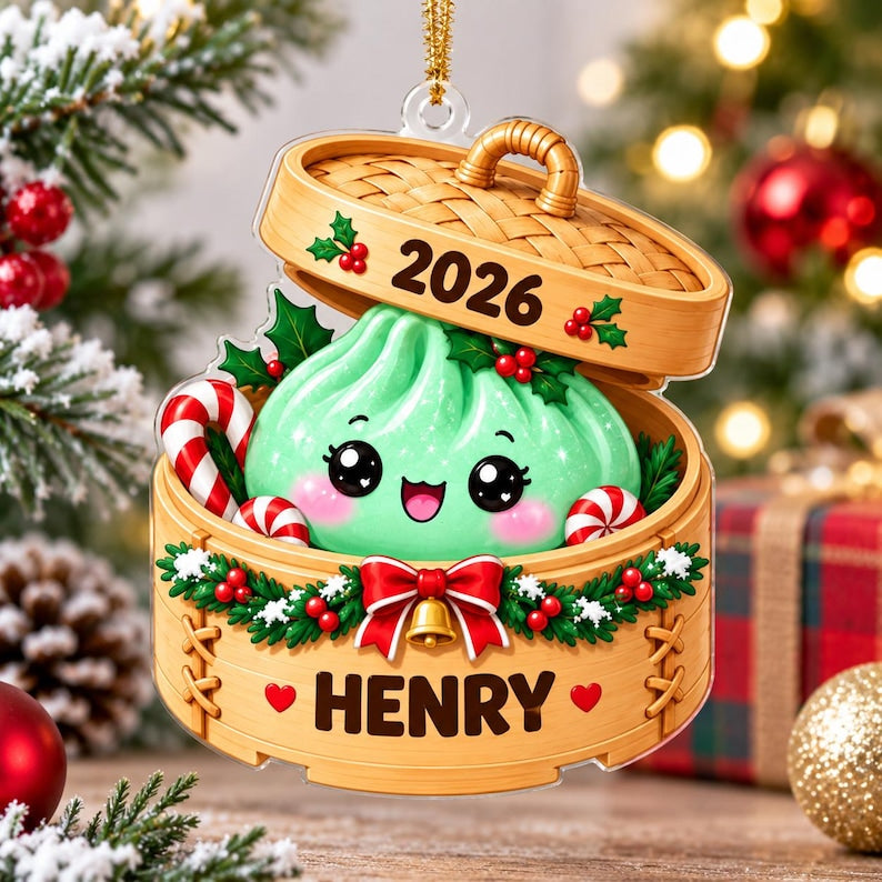 Personalized Glitter Dumpling Acrylic Ornament, Custom Name Steamer Basket Keepsake, Cute Food Xmas Tree Decor