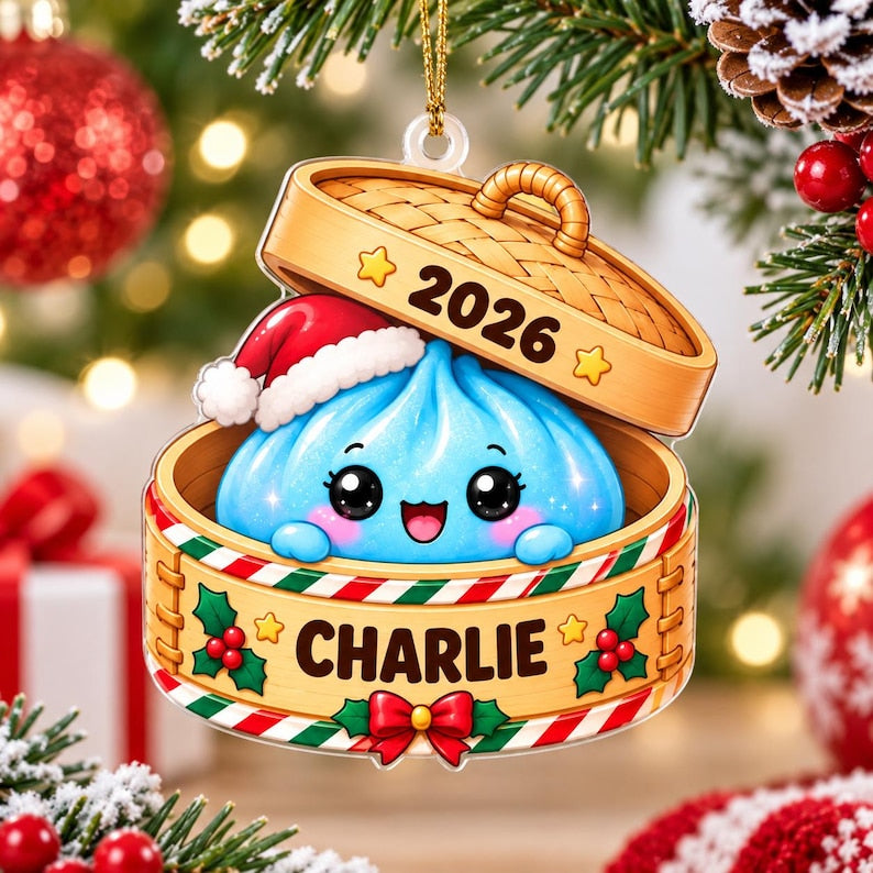 Personalized Glitter Dumpling Acrylic Ornament, Custom Name Steamer Basket Keepsake, Cute Food Xmas Tree Decor